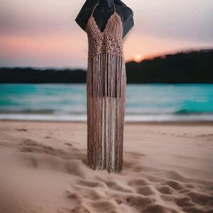 Women's Pink Champagne Crochet  Halter Boho Babydoll Fringe Tieback  Beach Maxi